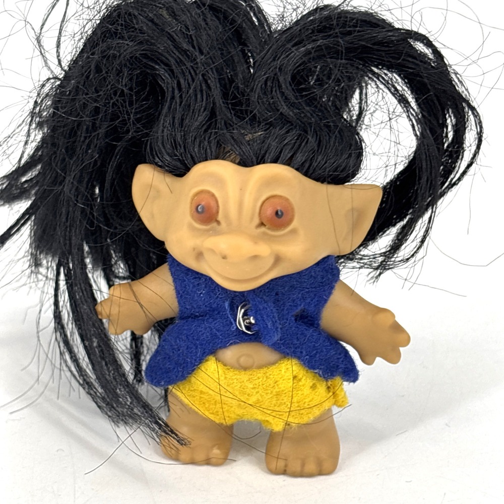 Vtg Troll‎ Doll Rooted Extra Long Black Hair Bug Eyes 3"- 7" W/Hair Clothes